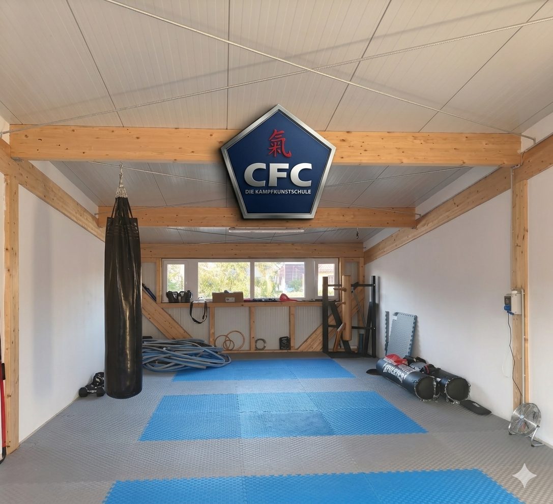 CFC Trainingsraum in Villach mit Logo, Boxsack, Holzpuppe und Übungsmatten