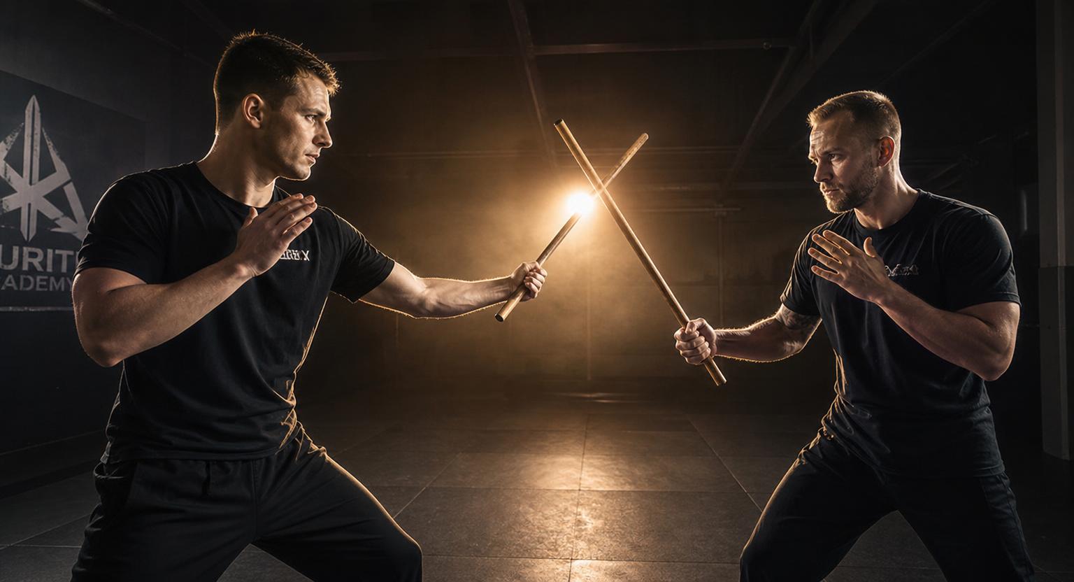 Zwei Trainierende kreuzen Escrima-Sticks im FMA-Training