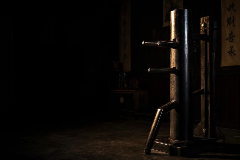 Schwarze Wing Chun Holzpuppe (Mok Yan Jong) im Trainingsraum der Kampfkunstschule CFC in Villach, Kärnten